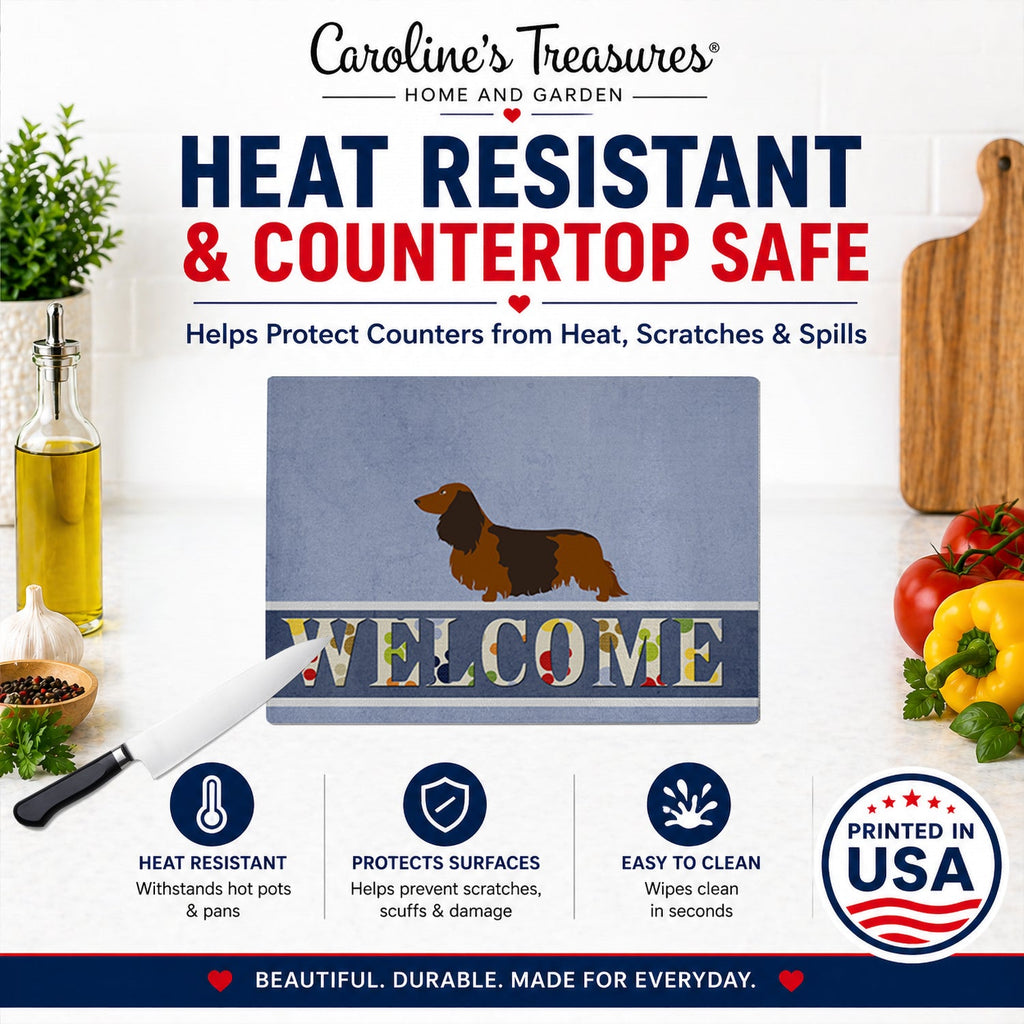 Longhaired Dachshund Welcome Cutting Board Tempered Glass Kitchen Cutting Surface, Heat Resistant Chopping, Non-Slip Feet, Food Prep & Serving