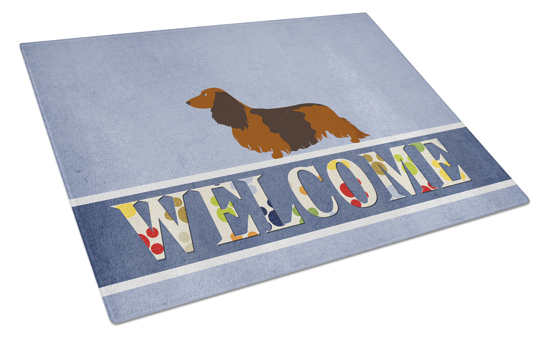 Longhaired Dachshund Welcome Cutting Board Tempered Glass Kitchen Cutting Surface, Heat Resistant Chopping, Non-Slip Feet, Food Prep & Serving