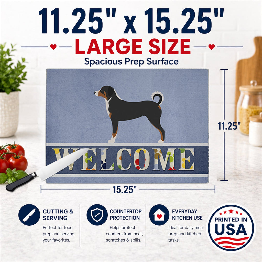 Appenzeller Sennenhund Welcome Cutting Board Tempered Glass Kitchen Cutting Surface, Heat Resistant Chopping, Non-Slip Feet, Food Prep & Serving