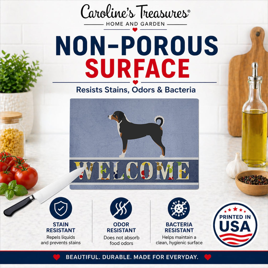 Appenzeller Sennenhund Welcome Cutting Board Tempered Glass Kitchen Cutting Surface, Heat Resistant Chopping, Non-Slip Feet, Food Prep & Serving