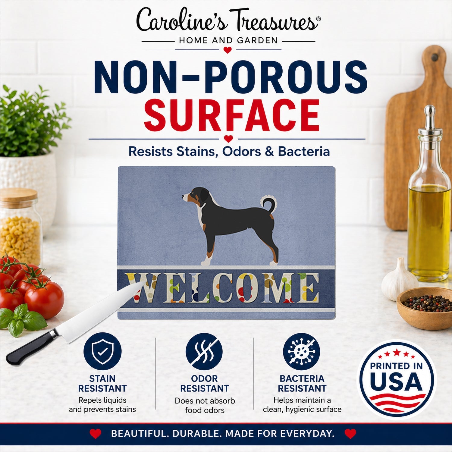 Appenzeller Sennenhund Welcome Cutting Board Tempered Glass Kitchen Cutting Surface, Heat Resistant Chopping, Non-Slip Feet, Food Prep & Serving