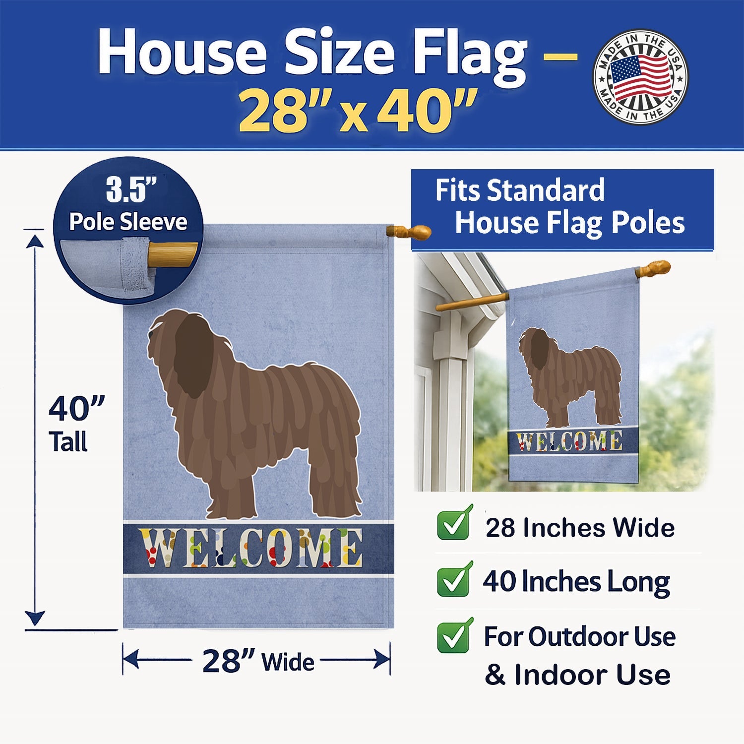 Bergamasco Shepherd Welcome House Flag 28x40 Porch Sleeve Pole Decorative Outside Yard Banner Artwork Wall Hanging, Polyester