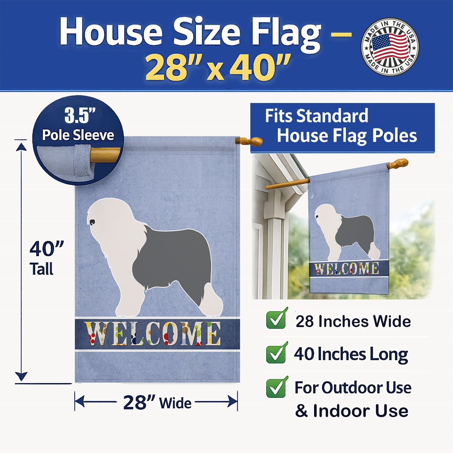 Old English Sheepdog Bobtail House Flag 28x40 Porch Sleeve Pole Decorative Outside Yard Banner Artwork Wall Hanging, Polyester