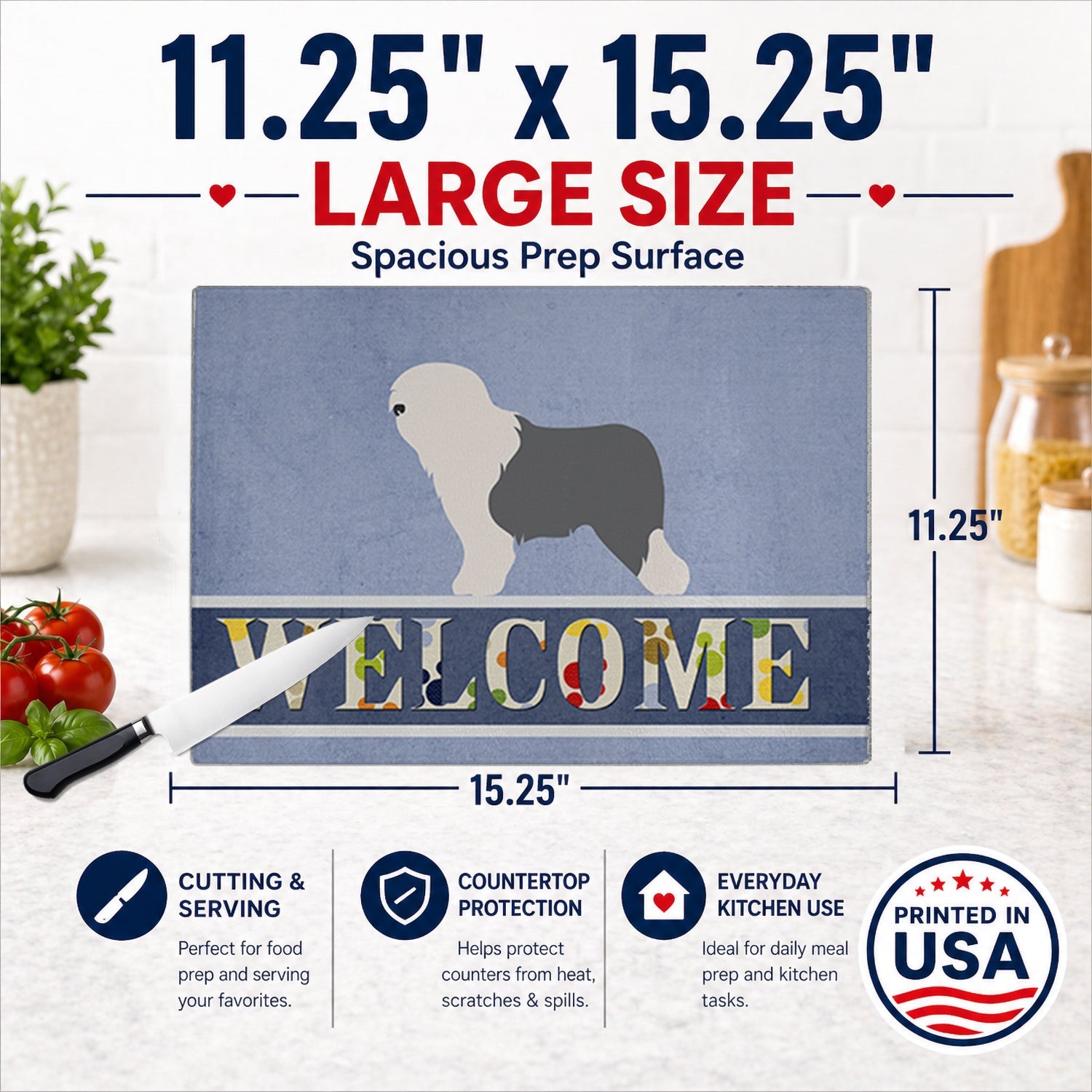 Old English Sheepdog Bobtail Cutting Board Tempered Glass Kitchen Cutting Surface, Heat Resistant Chopping, Non-Slip Feet, Food Prep & Serving