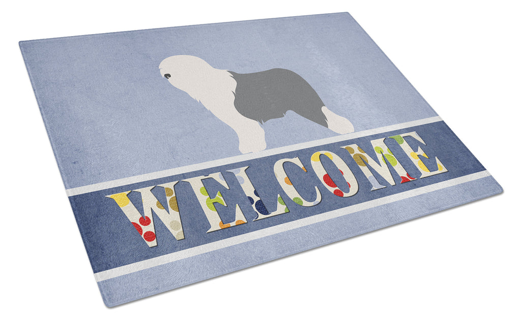 Old English Sheepdog Bobtail Cutting Board Tempered Glass Kitchen Cutting Surface, Heat Resistant Chopping, Non-Slip Feet, Food Prep & Serving