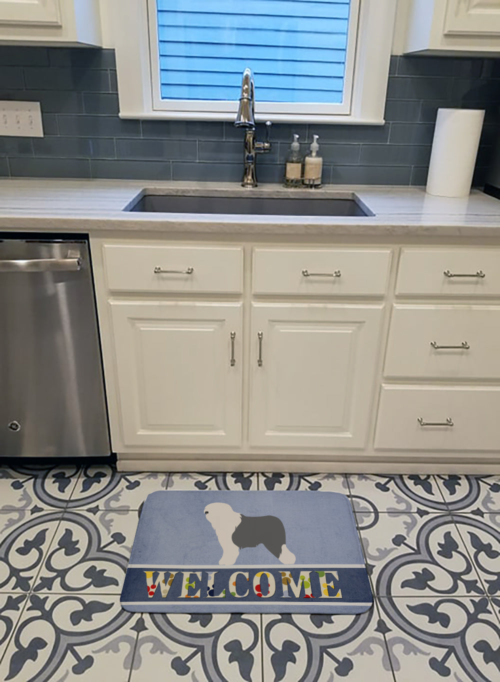Old English Sheepdog Bobtail Memory Foam Kitchen Mat Machine Washable Anti-Fatigue Cushion Comfort Bath or Kitchen Rug