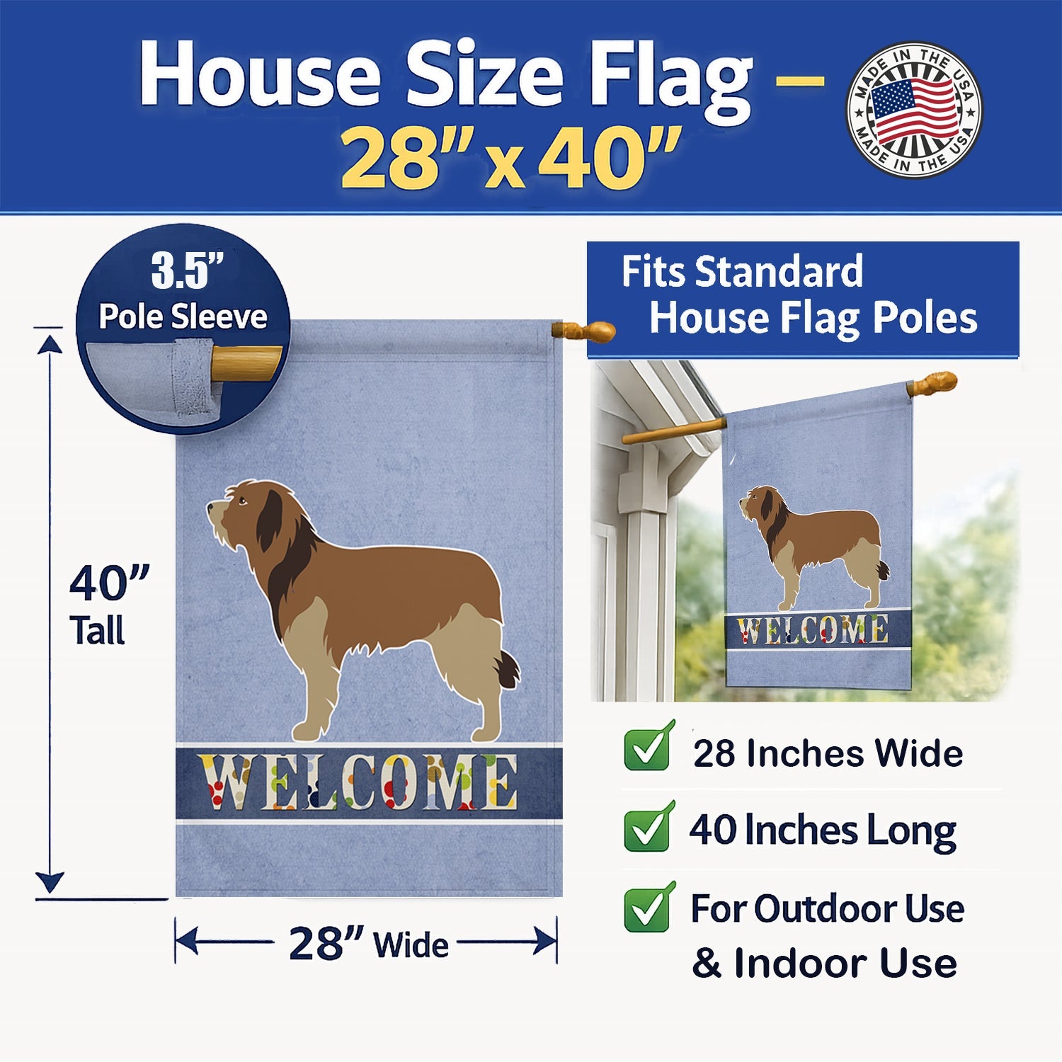 Catalan Sheepdog Welcome House Flag 28x40 Porch Sleeve Pole Decorative Outside Yard Banner Artwork Wall Hanging, Polyester