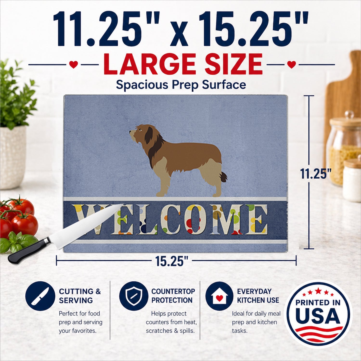 Catalan Sheepdog Welcome Cutting Board Tempered Glass Kitchen Cutting Surface, Heat Resistant Chopping, Non-Slip Feet, Food Prep & Serving