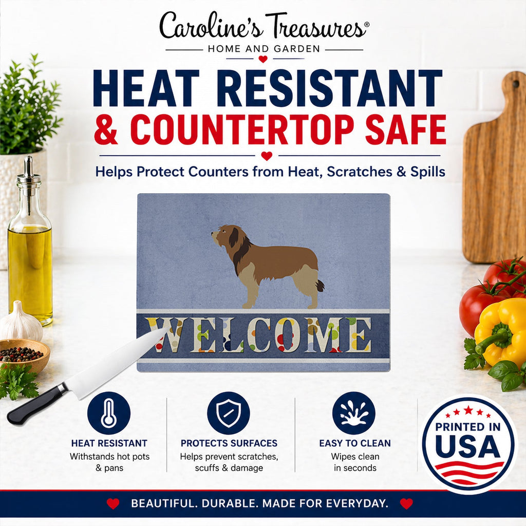 Catalan Sheepdog Welcome Cutting Board Tempered Glass Kitchen Cutting Surface, Heat Resistant Chopping, Non-Slip Feet, Food Prep & Serving