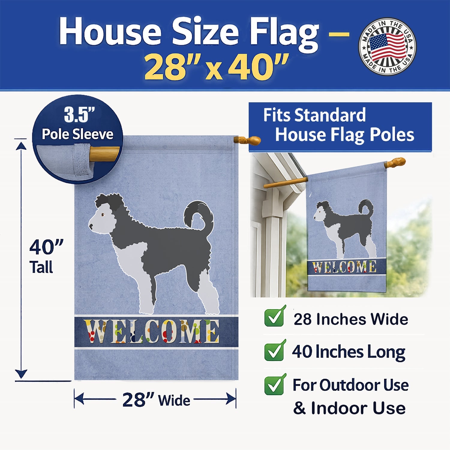 Pumi Welcome House Flag 28x40 Porch Sleeve Pole Decorative Outside Yard Banner Artwork Wall Hanging, Polyester