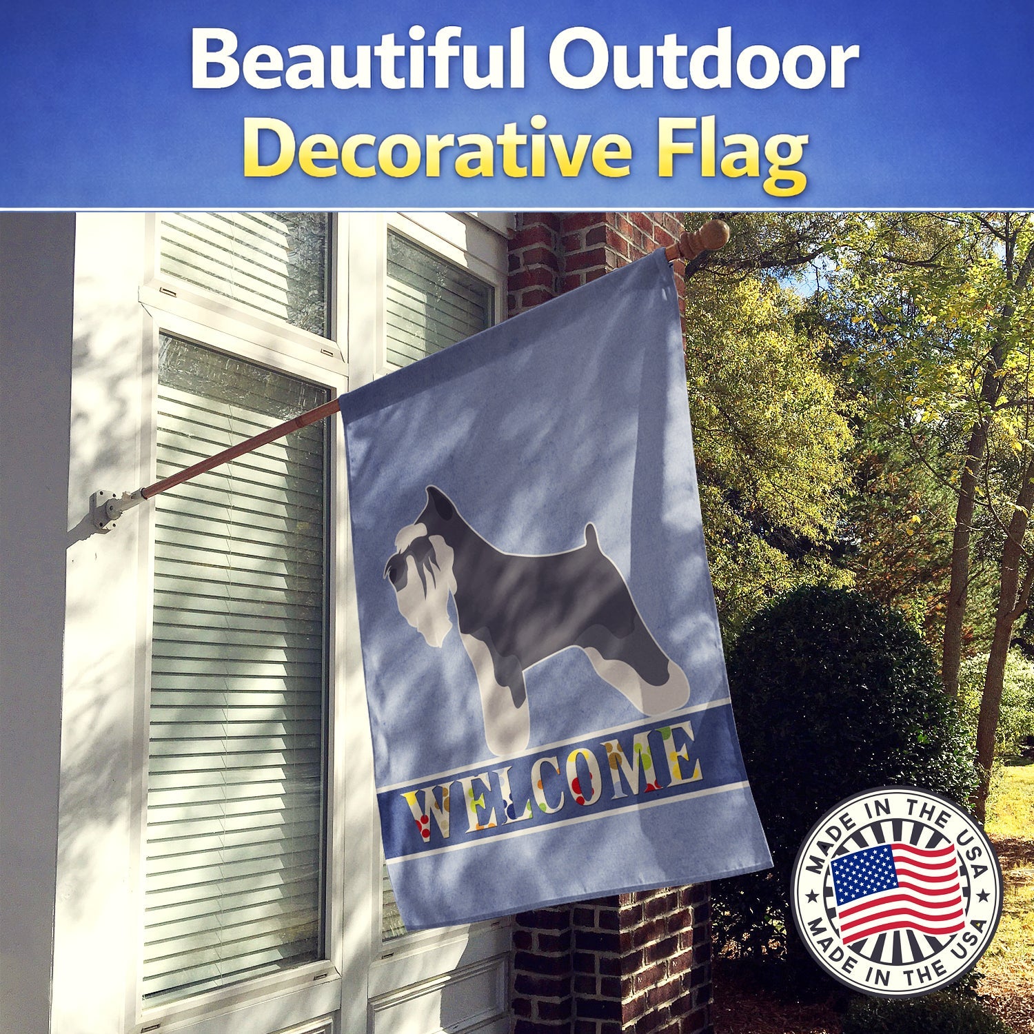 Miniature Schnauzer Welcome House Flag 28x40 Porch Sleeve Pole Decorative Outside Yard Banner Artwork Wall Hanging, Polyester