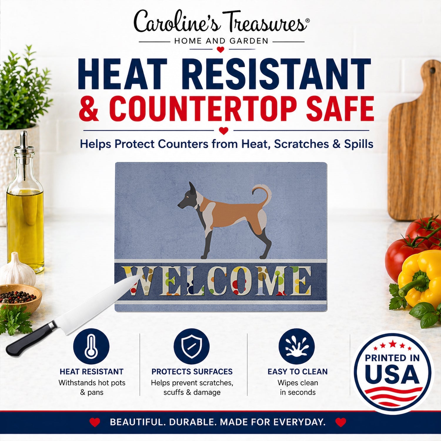 Belgian Malinois Welcome Cutting Board Tempered Glass Kitchen Cutting Surface, Heat Resistant Chopping, Non-Slip Feet, Food Prep & Serving