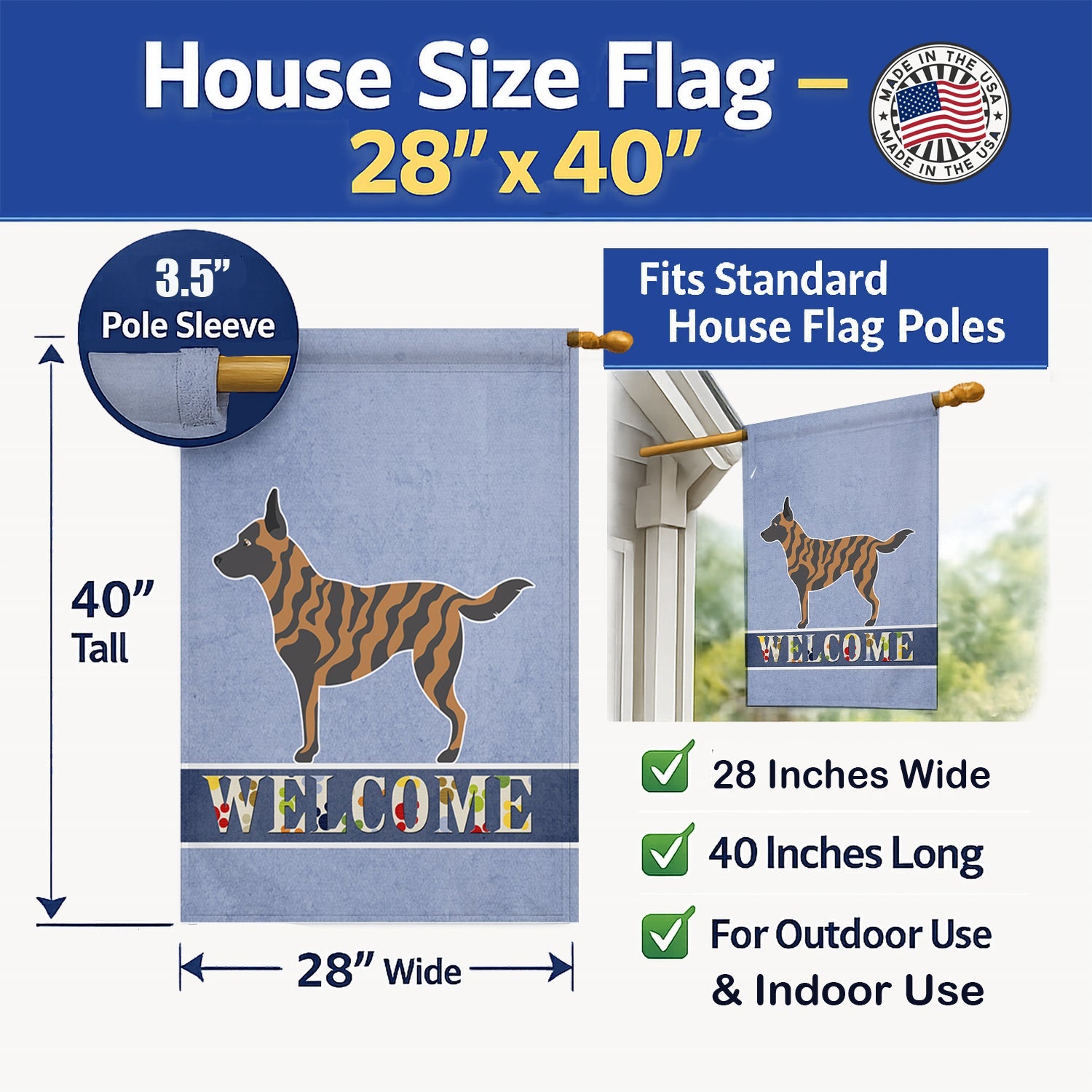 Dutch Shepherd Welcome House Flag 28x40 Porch Sleeve Pole Decorative Outside Yard Banner Artwork Wall Hanging, Polyester