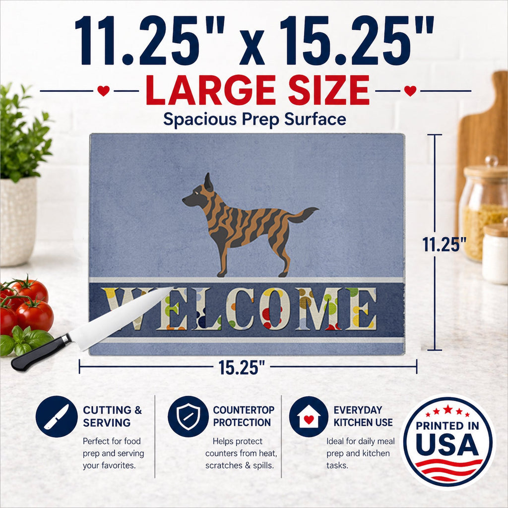 Dutch Shepherd Welcome Cutting Board Tempered Glass Kitchen Cutting Surface, Heat Resistant Chopping, Non-Slip Feet, Food Prep & Serving
