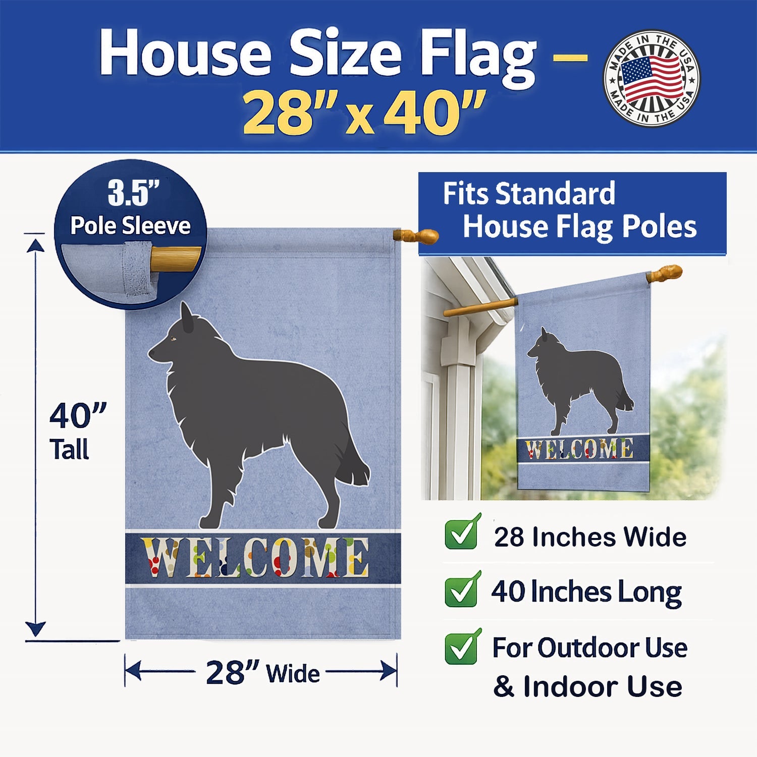 Groenendael Belgian Shepherd House Flag 28x40 Porch Sleeve Pole Decorative Outside Yard Banner Artwork Wall Hanging, Polyester