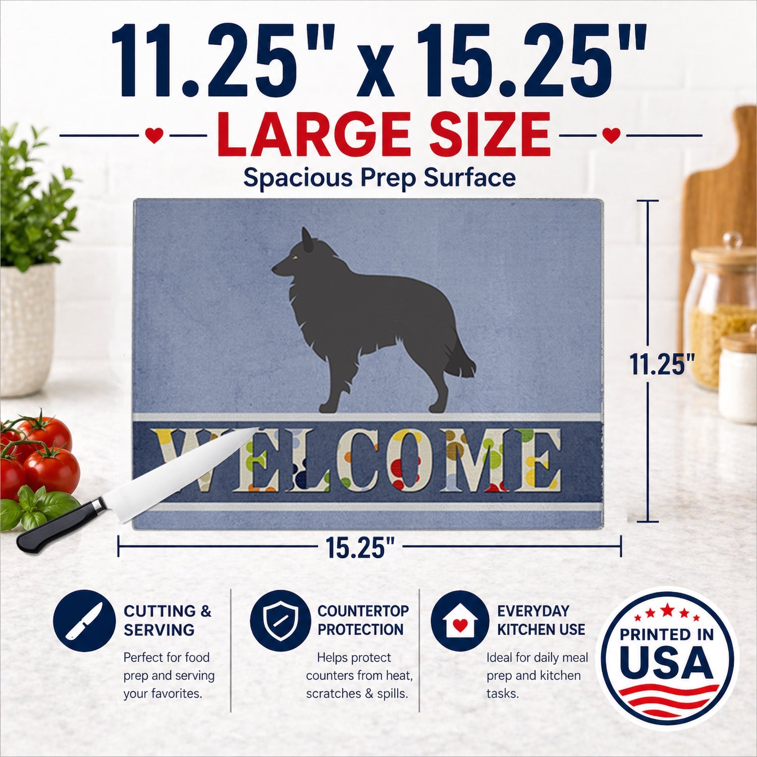 Groenendael Belgian Shepherd Cutting Board Tempered Glass Kitchen Cutting Surface, Heat Resistant Chopping, Non-Slip Feet, Food Prep & Serving