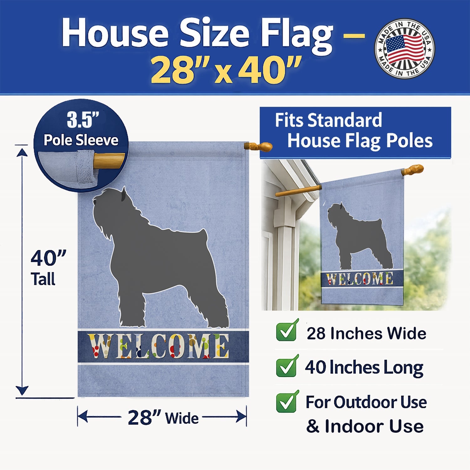 Bouvier des Flandres Welcome House Flag 28x40 Porch Sleeve Pole Decorative Outside Yard Banner Artwork Wall Hanging, Polyester