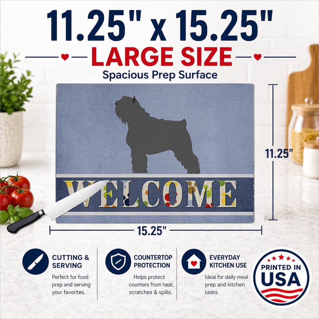 Bouvier des Flandres Welcome Cutting Board Tempered Glass Kitchen Cutting Surface, Heat Resistant Chopping, Non-Slip Feet, Food Prep & Serving