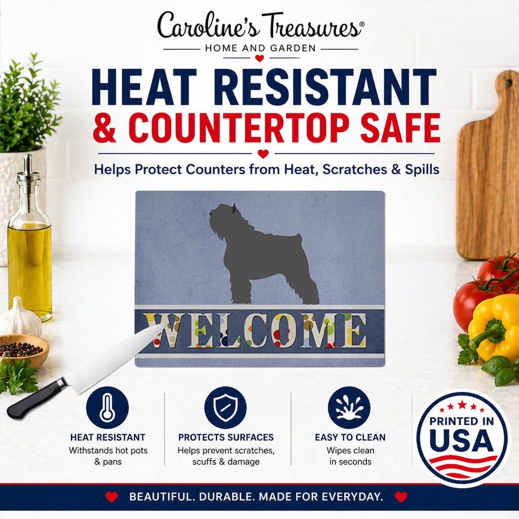 Bouvier des Flandres Welcome Cutting Board Tempered Glass Kitchen Cutting Surface, Heat Resistant Chopping, Non-Slip Feet, Food Prep & Serving