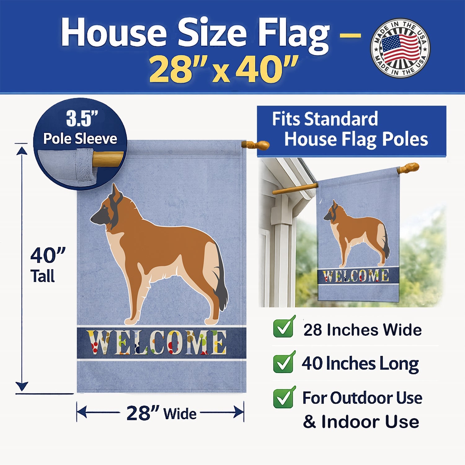 Belgian Tervuren Welcome House Flag 28x40 Porch Sleeve Pole Decorative Outside Yard Banner Artwork Wall Hanging, Polyester