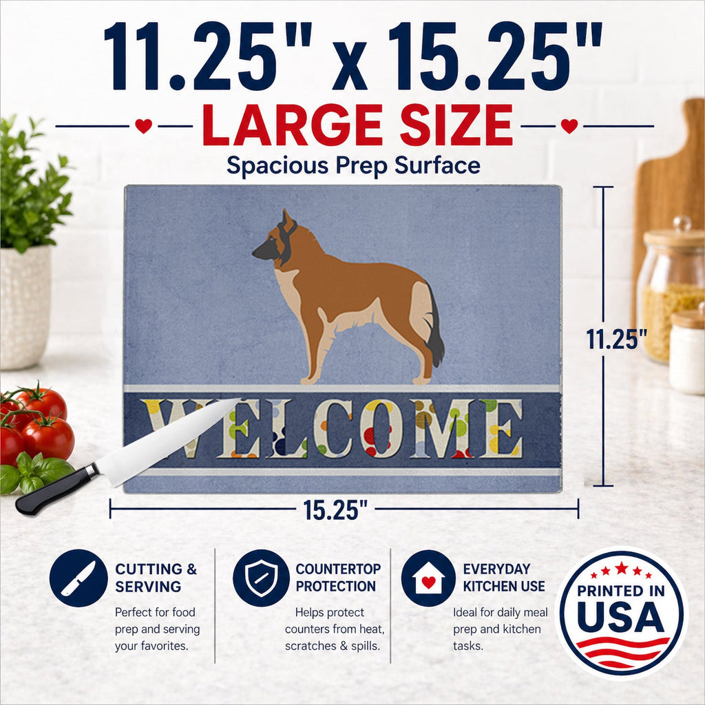 Belgian Tervuren Welcome Cutting Board Tempered Glass Kitchen Cutting Surface, Heat Resistant Chopping, Non-Slip Feet, Food Prep & Serving