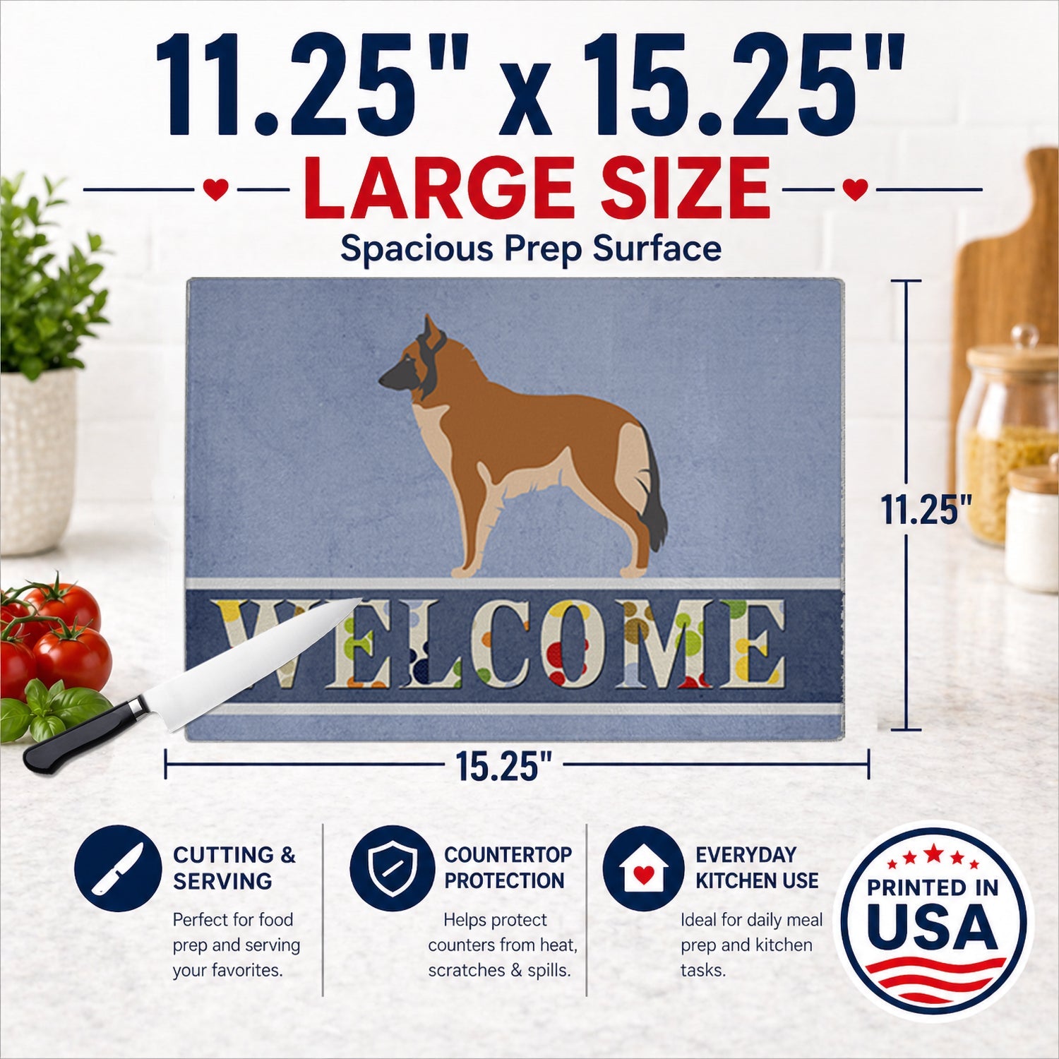 Belgian Tervuren Welcome Cutting Board Tempered Glass Kitchen Cutting Surface, Heat Resistant Chopping, Non-Slip Feet, Food Prep & Serving