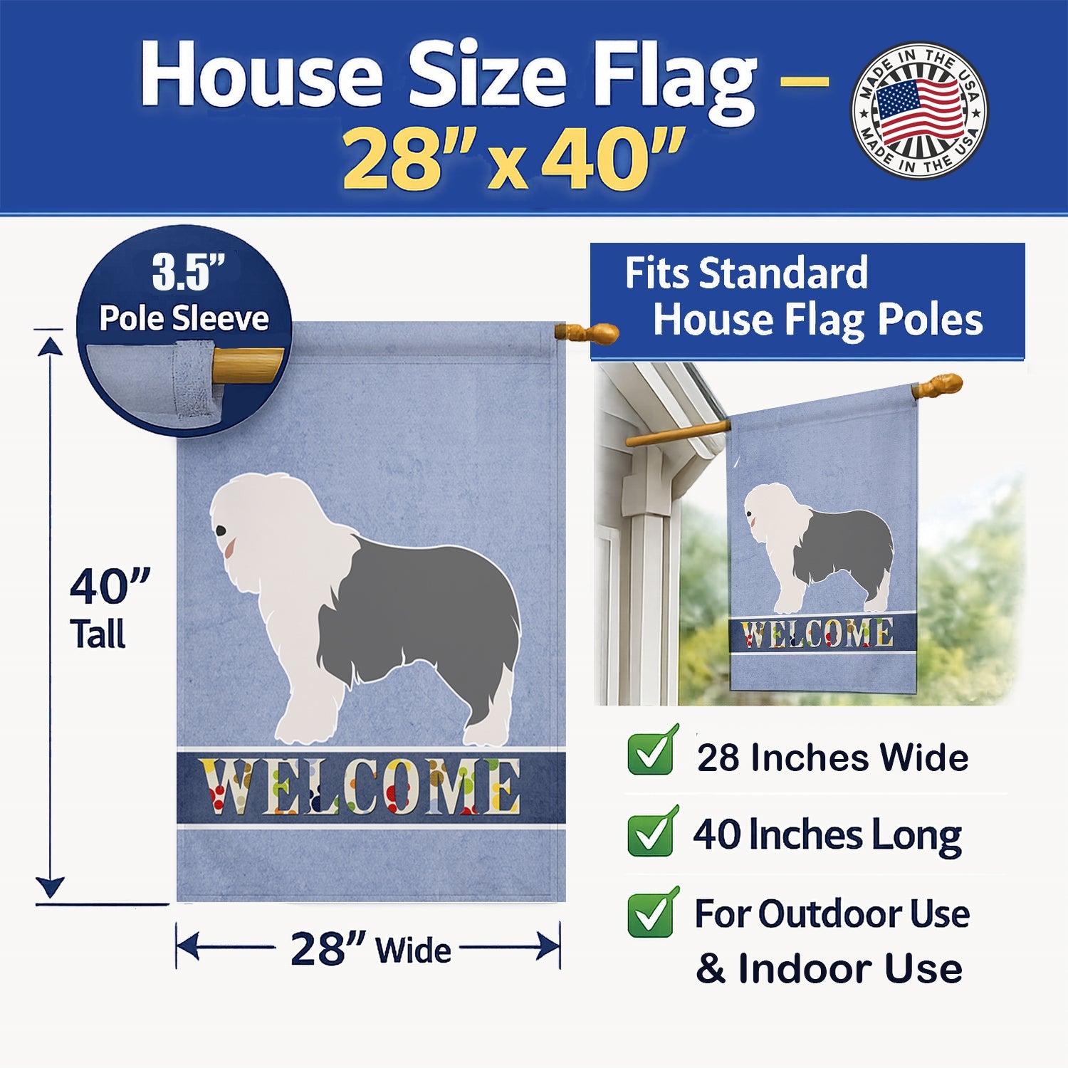 Old English Sheepdog Welcome House Flag 28x40 Porch Sleeve Pole Decorative Outside Yard Banner Artwork Wall Hanging, Polyester