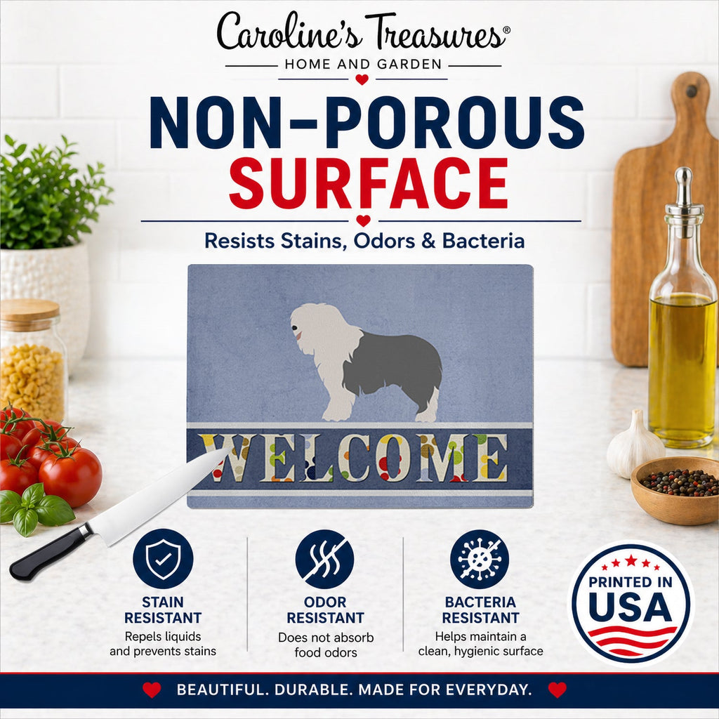 Old English Sheepdog Welcome Cutting Board Tempered Glass Kitchen Cutting Surface, Heat Resistant Chopping, Non-Slip Feet, Food Prep & Serving