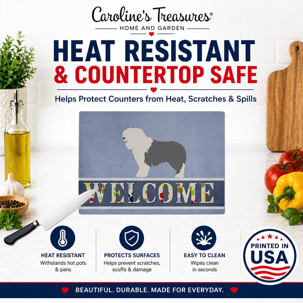 Old English Sheepdog Welcome Cutting Board Tempered Glass Kitchen Cutting Surface, Heat Resistant Chopping, Non-Slip Feet, Food Prep & Serving