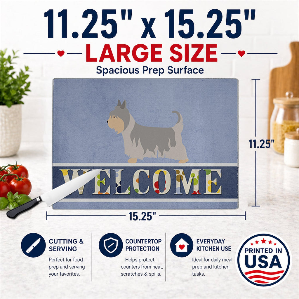 Australian Silky Terrier Welcome Cutting Board Tempered Glass Kitchen Cutting Surface, Heat Resistant Chopping, Non-Slip Feet, Food Prep & Serving