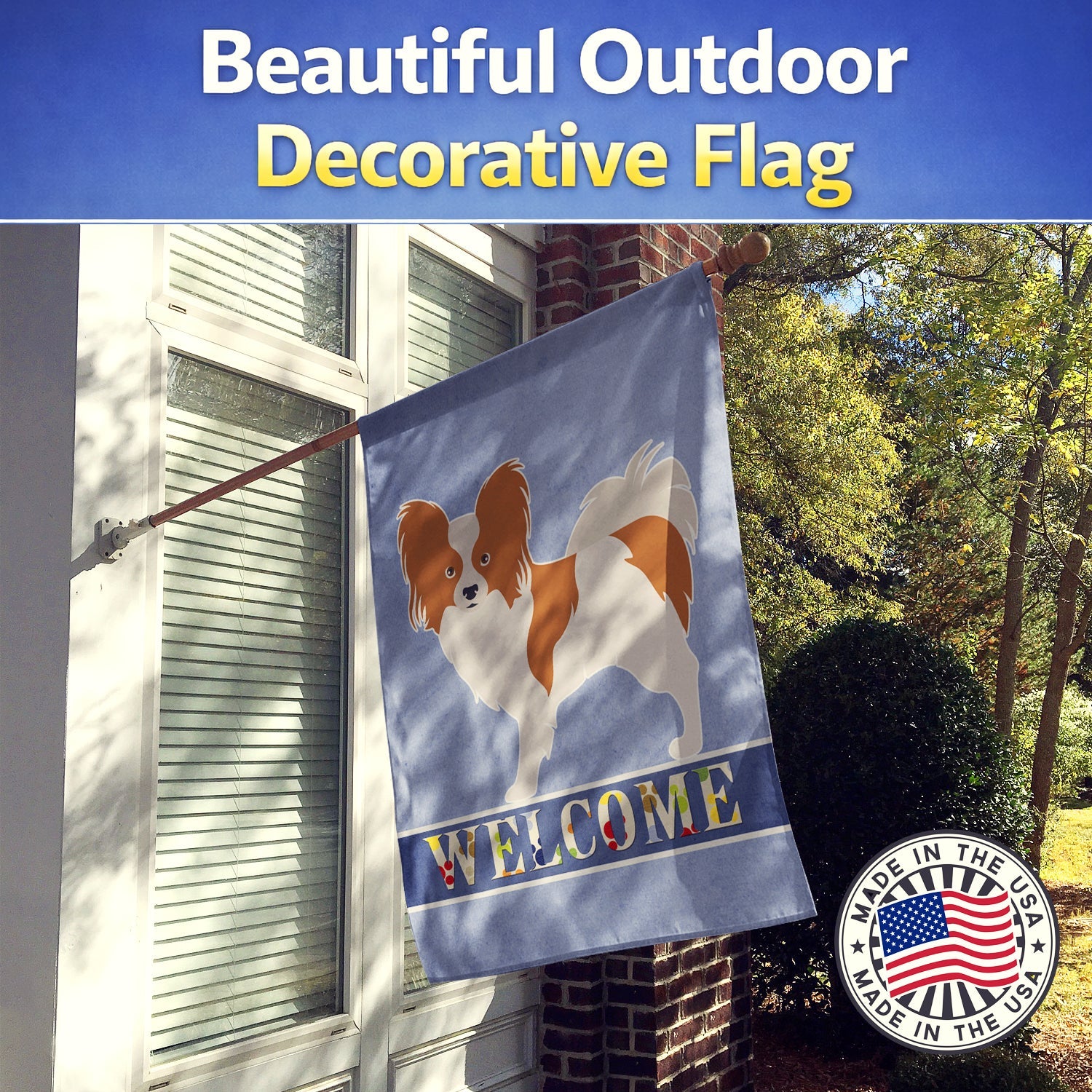 Papillon Welcome House Flag 28x40 Porch Sleeve Pole Decorative Outside Yard Banner Artwork Wall Hanging, Polyester
