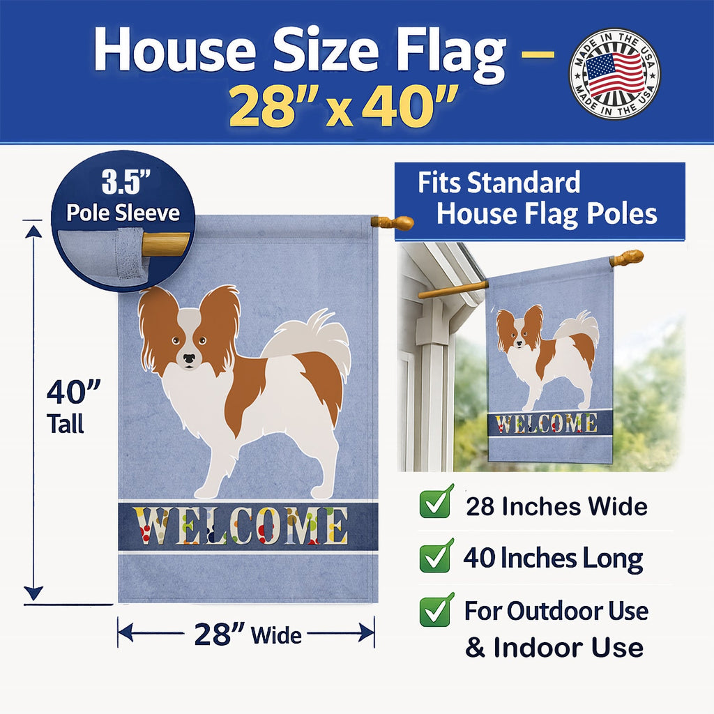 Papillon Welcome House Flag 28x40 Porch Sleeve Pole Decorative Outside Yard Banner Artwork Wall Hanging, Polyester