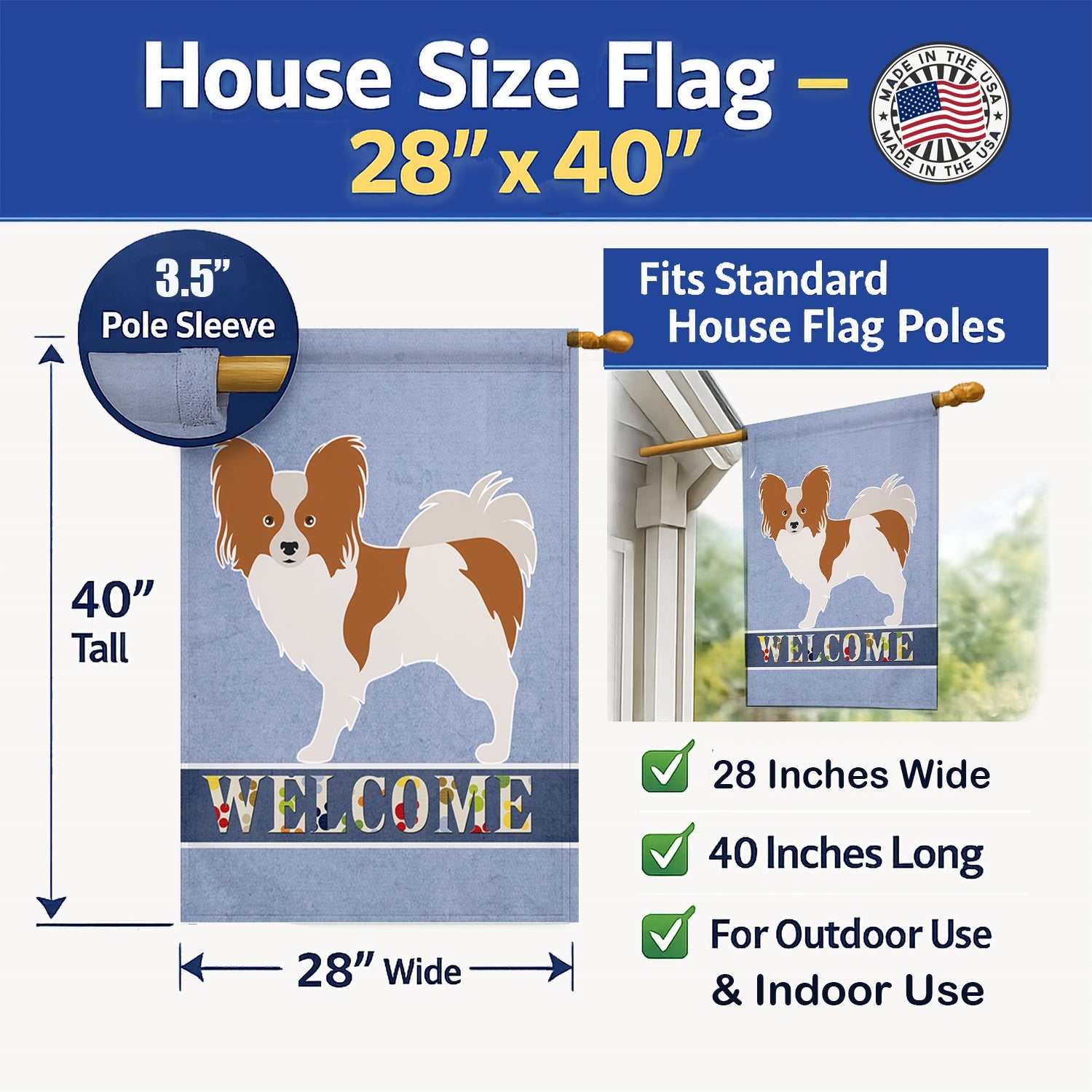 Papillon Welcome House Flag 28x40 Porch Sleeve Pole Decorative Outside Yard Banner Artwork Wall Hanging, Polyester