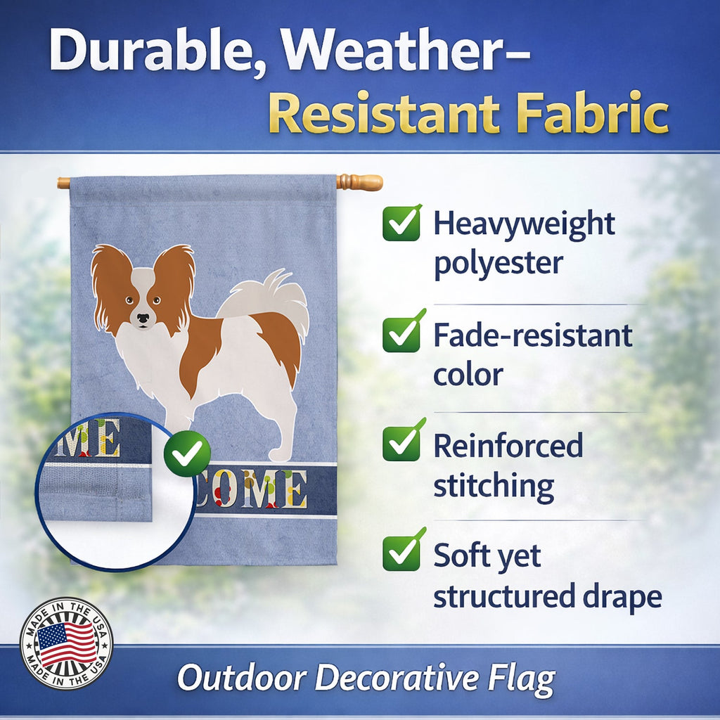 Papillon Welcome House Flag 28x40 Porch Sleeve Pole Decorative Outside Yard Banner Artwork Wall Hanging, Polyester
