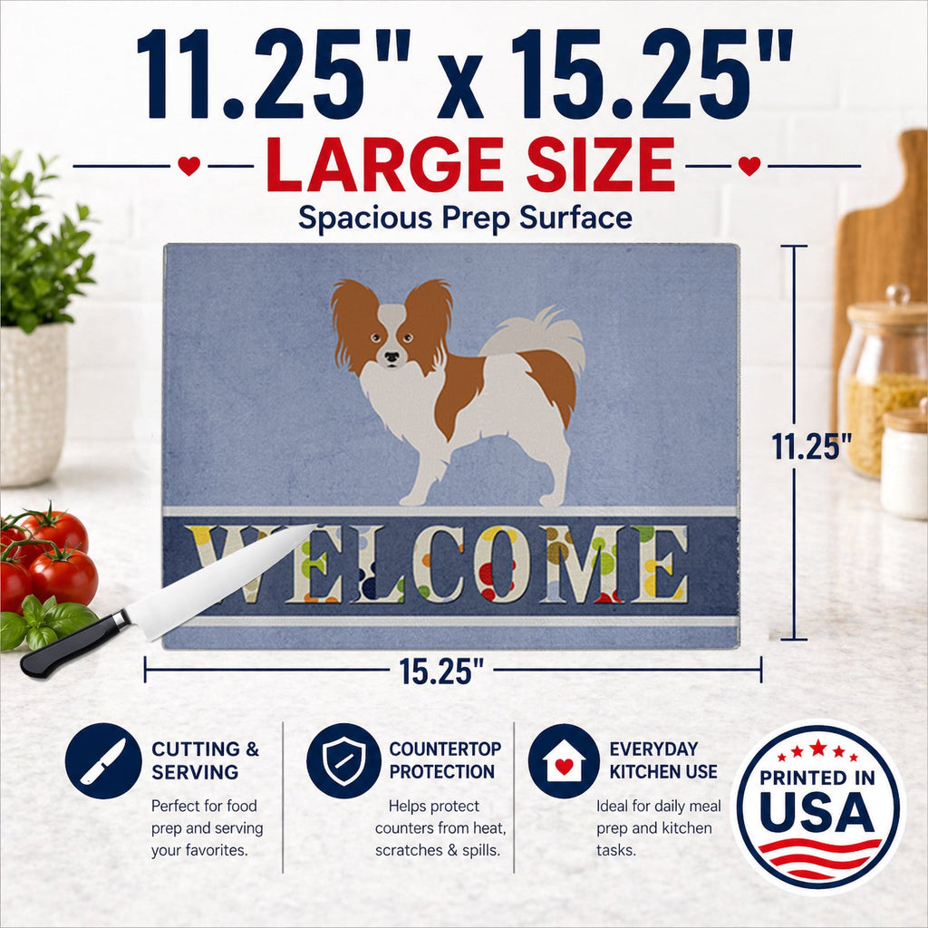 Papillon Welcome Cutting Board Tempered Glass Kitchen Cutting Surface, Heat Resistant Chopping, Non-Slip Feet, Food Prep & Serving