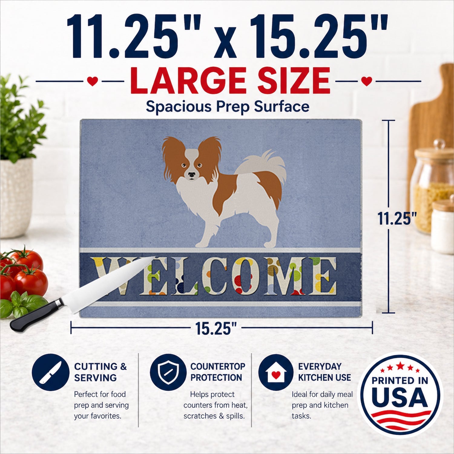 Papillon Welcome Cutting Board Tempered Glass Kitchen Cutting Surface, Heat Resistant Chopping, Non-Slip Feet, Food Prep & Serving