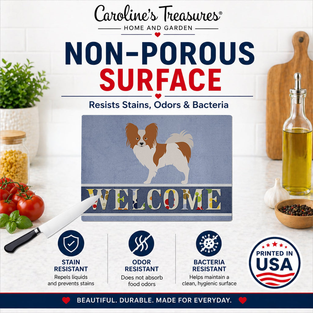 Papillon Welcome Cutting Board Tempered Glass Kitchen Cutting Surface, Heat Resistant Chopping, Non-Slip Feet, Food Prep & Serving