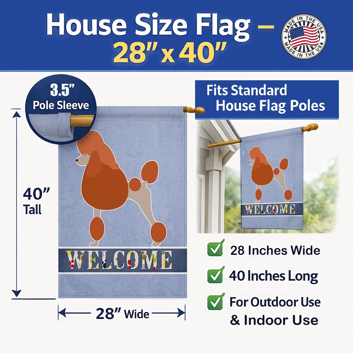 Royal Poodle Welcome House Flag 28x40 Porch Sleeve Pole Decorative Outside Yard Banner Artwork Wall Hanging, Polyester