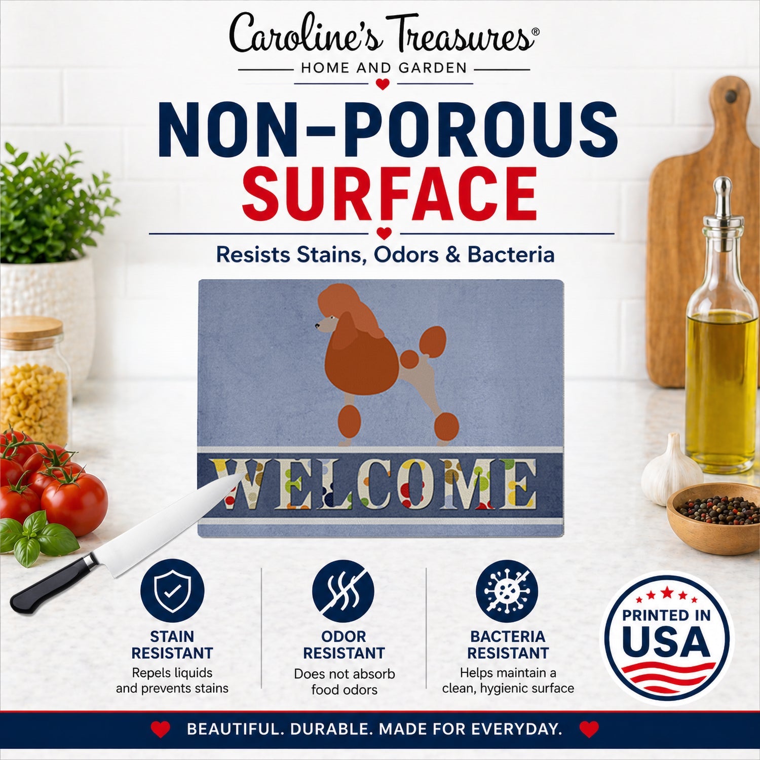 Royal Poodle Welcome Cutting Board Tempered Glass Kitchen Cutting Surface, Heat Resistant Chopping, Non-Slip Feet, Food Prep & Serving