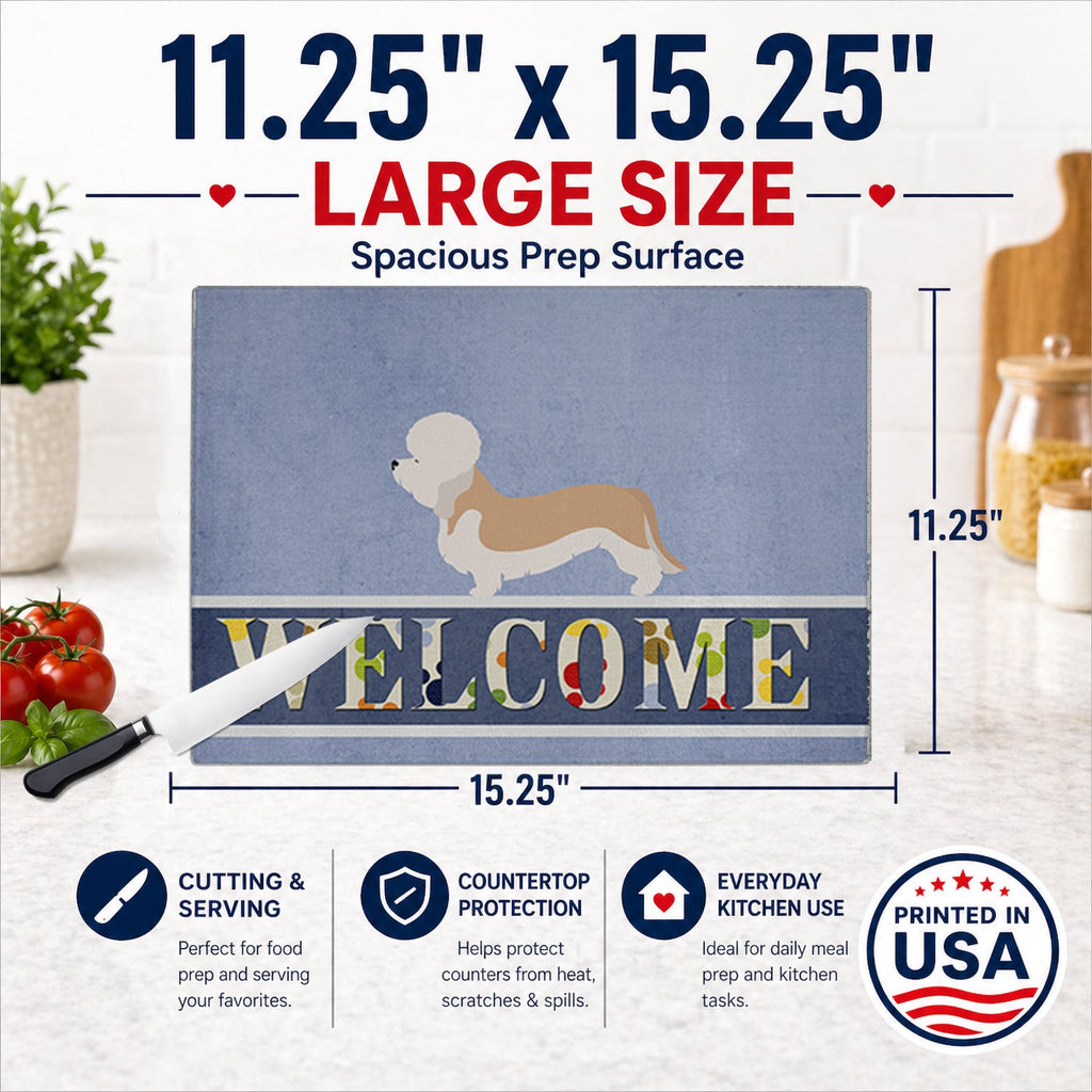 Dandie Dinmont Terrier Welcome Cutting Board Tempered Glass Kitchen Cutting Surface, Heat Resistant Chopping, Non-Slip Feet, Food Prep & Serving