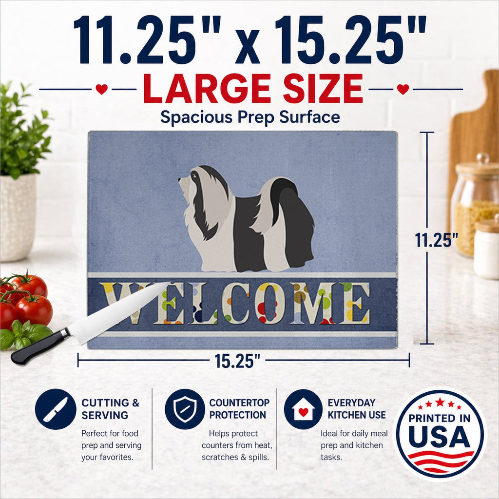 Havanese Welcome Cutting Board Tempered Glass Kitchen Cutting Surface, Heat Resistant Chopping, Non-Slip Feet, Food Prep & Serving