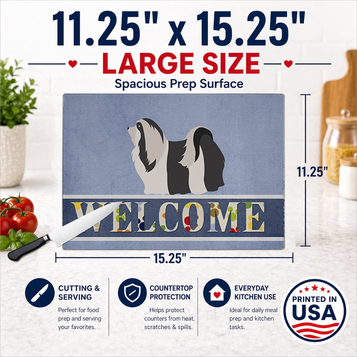 Havanese Welcome Cutting Board Tempered Glass Kitchen Cutting Surface, Heat Resistant Chopping, Non-Slip Feet, Food Prep & Serving