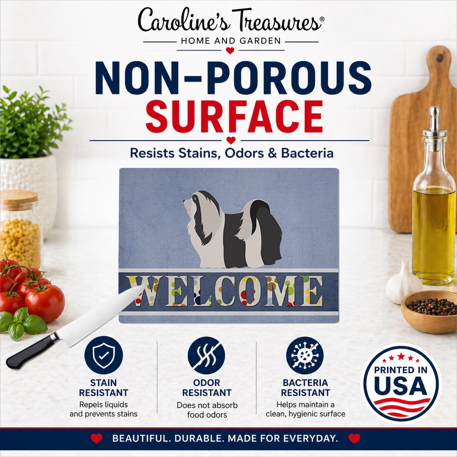 Havanese Welcome Cutting Board Tempered Glass Kitchen Cutting Surface, Heat Resistant Chopping, Non-Slip Feet, Food Prep & Serving