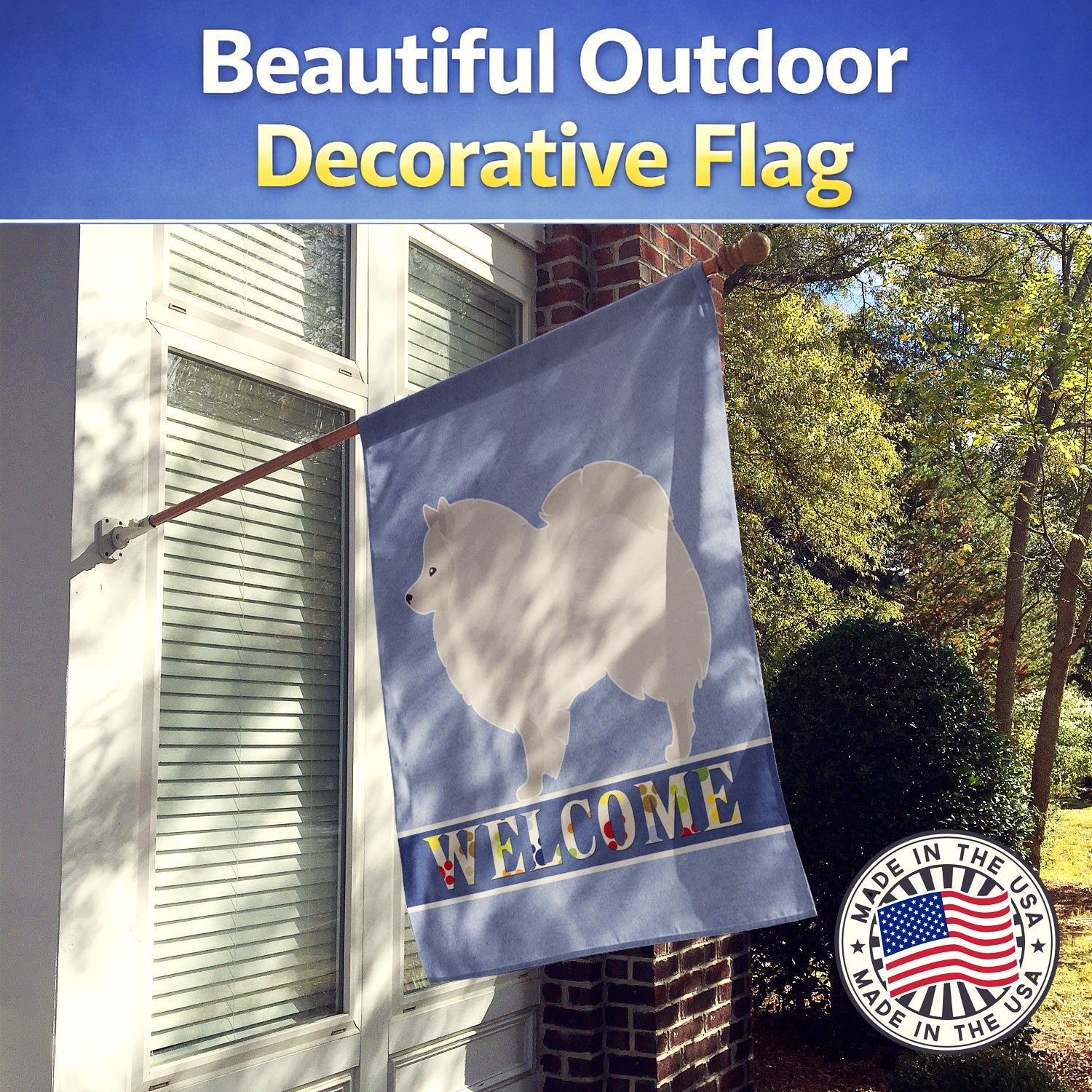 German Spitz Welcome House Flag 28x40 Porch Sleeve Pole Decorative Outside Yard Banner Artwork Wall Hanging, Polyester