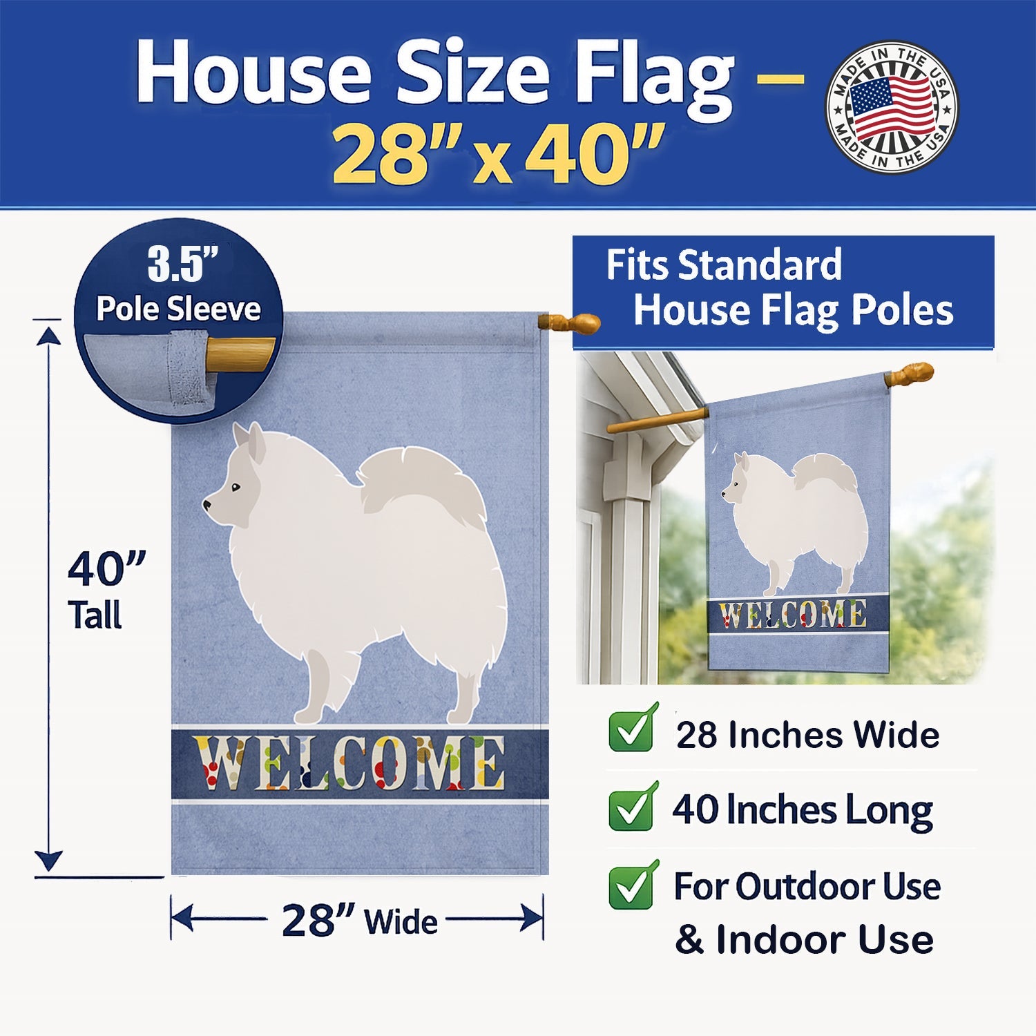 German Spitz Welcome House Flag 28x40 Porch Sleeve Pole Decorative Outside Yard Banner Artwork Wall Hanging, Polyester