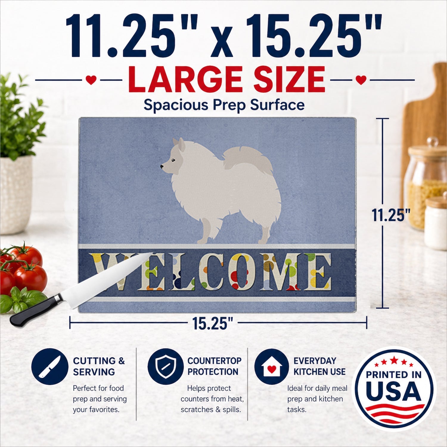 German Spitz Welcome Cutting Board Tempered Glass Kitchen Cutting Surface, Heat Resistant Chopping, Non-Slip Feet, Food Prep & Serving
