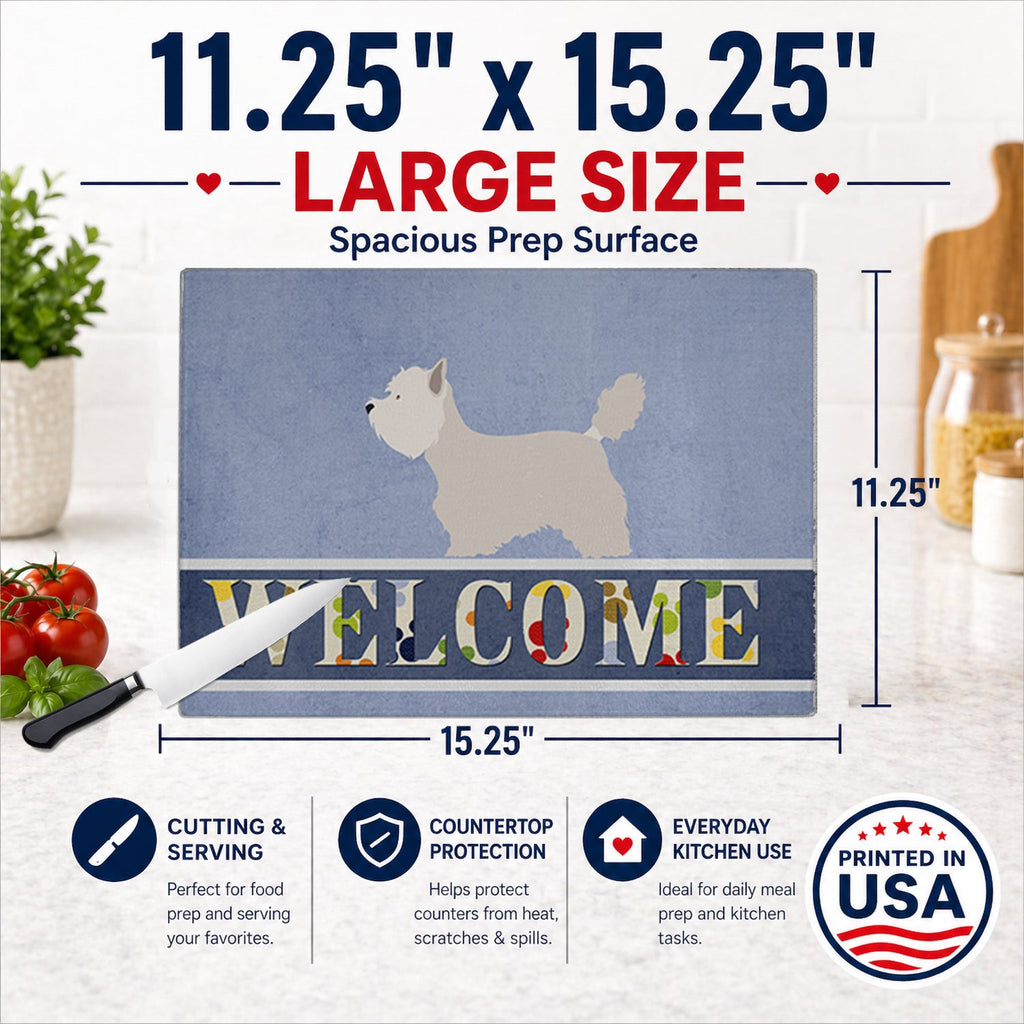 Westie Welcome Cutting Board Tempered Glass Kitchen Cutting Surface, Heat Resistant Chopping, Non-Slip Feet, Food Prep & Serving