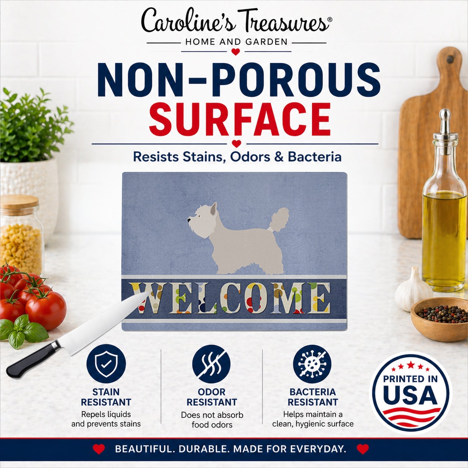 Westie Welcome Cutting Board Tempered Glass Kitchen Cutting Surface, Heat Resistant Chopping, Non-Slip Feet, Food Prep & Serving