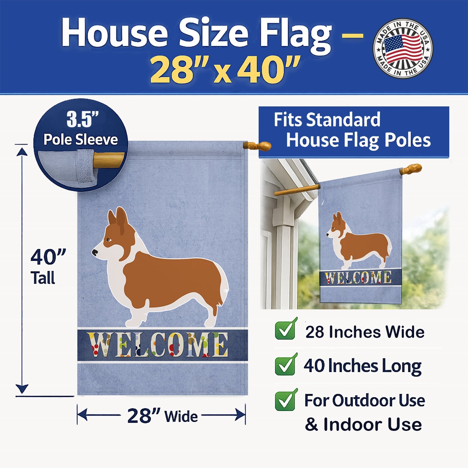 Pembroke Welsh Corgi Welcome House Flag 28x40 Porch Sleeve Pole Decorative Outside Yard Banner Artwork Wall Hanging, Polyester