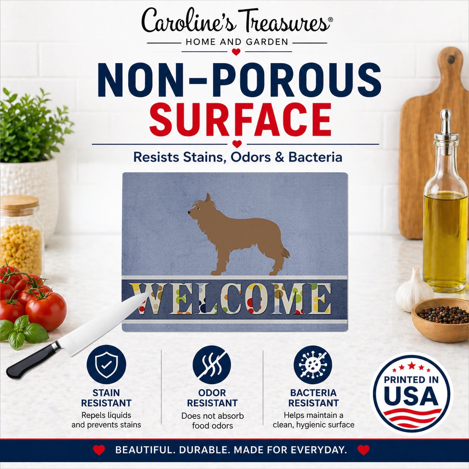 Berger Picard Welcome Cutting Board Tempered Glass Kitchen Cutting Surface, Heat Resistant Chopping, Non-Slip Feet, Food Prep & Serving